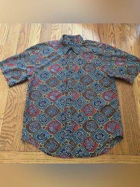 Vintage Allen Lolly Paisley Button Up Shirt L Retro 90s Abstract Camp Casual EUC